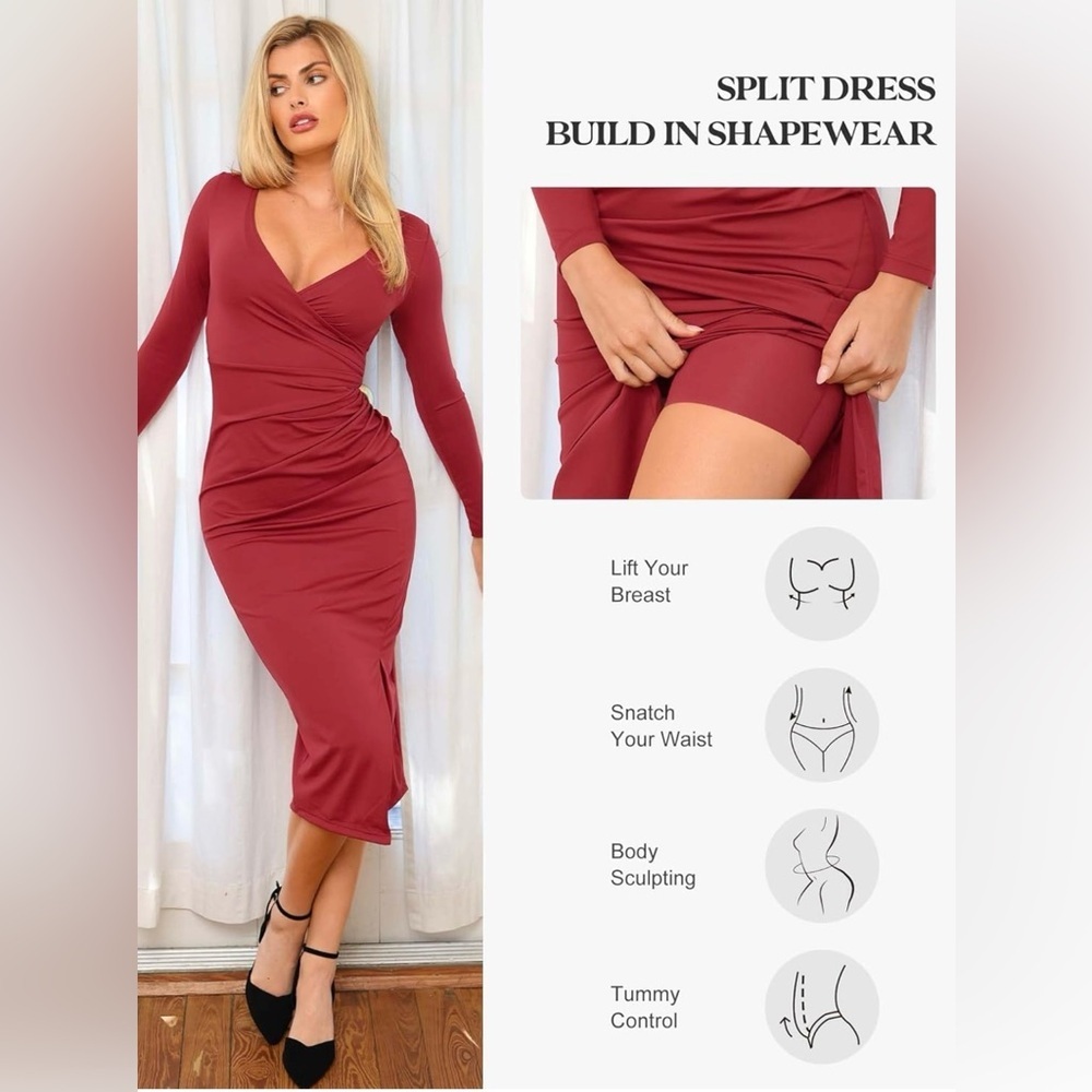 Popilush Shapewear Ruched Long Sleeve Midi Dress For Insiders Size - Picture 2 of 7